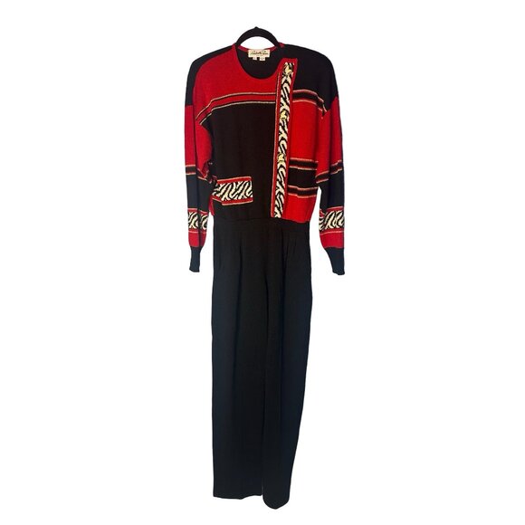 Antonella Preve Red & Black Knit Jumpsuit With Gold Accents & Zebra Pattern Sz L - Picture 3 of 11